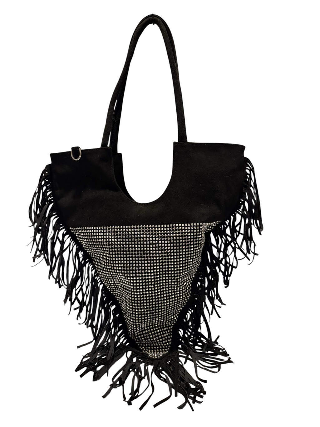 Fringe And Rhinestone Decor Triangle Shoulder Tote Bag.